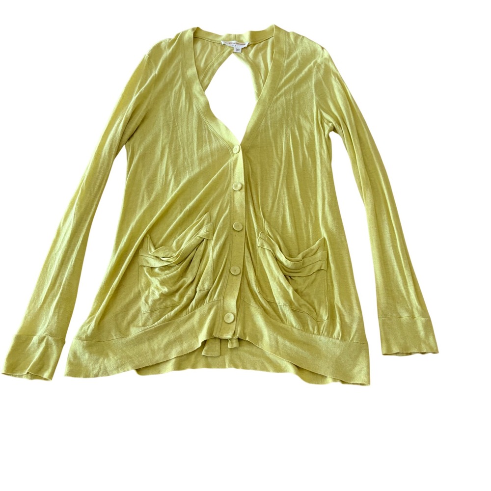 Anthropologie Chartreuse Yellow Linen Blend Cutout Back Tie Cardigan Size M